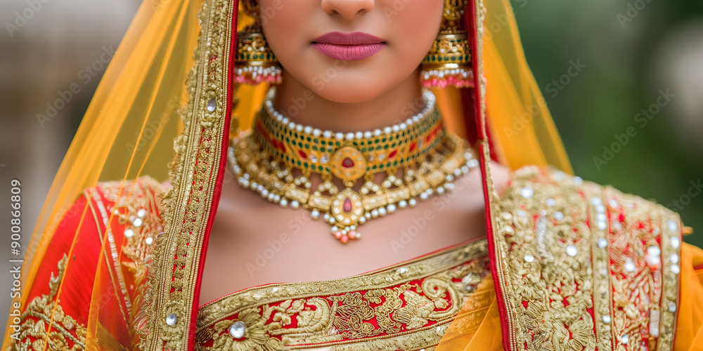 Wall mural indian bride wearing traditional jewelry and clothes posing during wedding ceremony