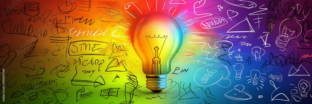 Poster Light bulb shining with colorful sketch ideas on background