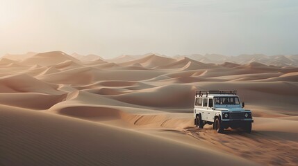Vintage open top 4x4 SUV in the desert in Dubai, United Arab Emirates. 