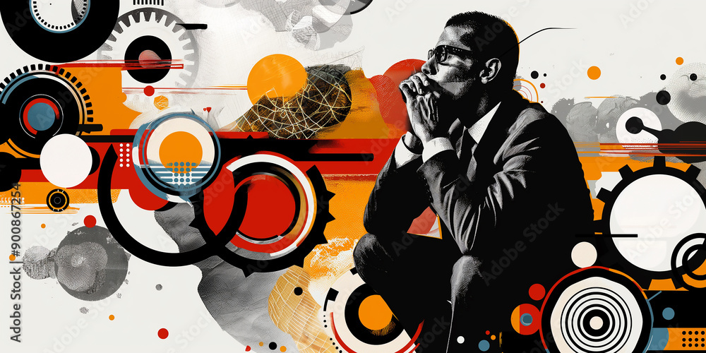 Aufkleber businessman thinking about solution surrounded by gears and circles