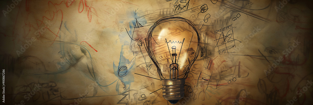 Poster Light bulb shining through messy sketch representing emerging idea