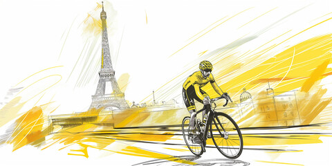 Professional cyclist wearing yellow jersey riding near eiffel tower paris