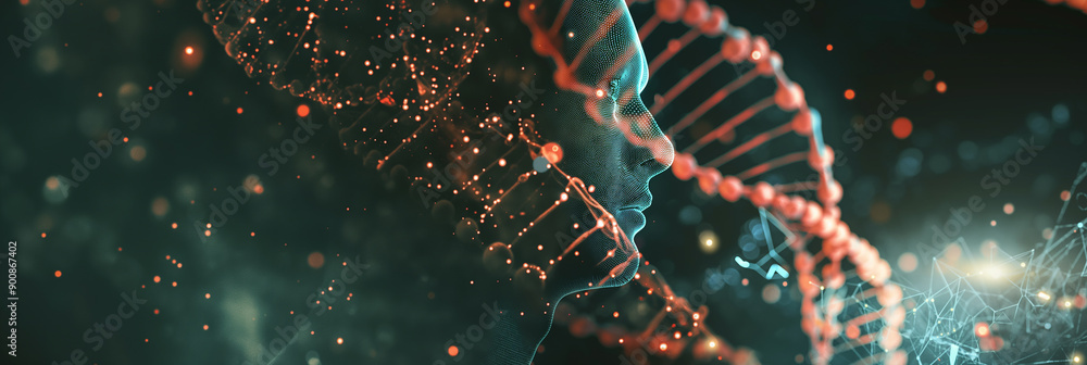 Poster Artificial intelligence emerging from dna code showing concept of genetic engineering