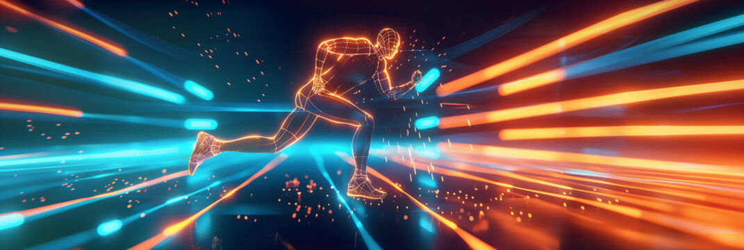 Glowing human body model is running fast through beams of light