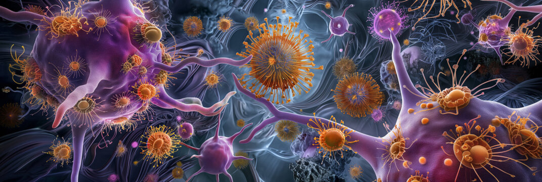 Virus and bacteria infecting cells under microscope 3d rendered illustration