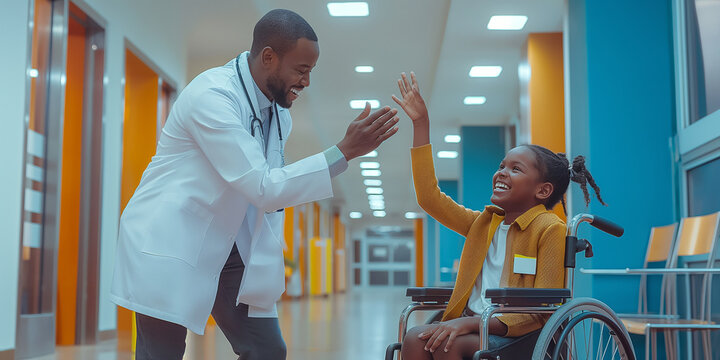 Smiling doctor giving high five to happy girl using a wheelchair in hospital corridor
