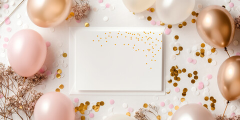 White blank card surrounded by pink and gold balloons and golden confetti on white background
