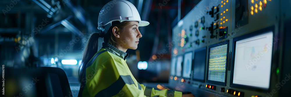 Aufkleber Industrial engineer working on computer in a factory control room
