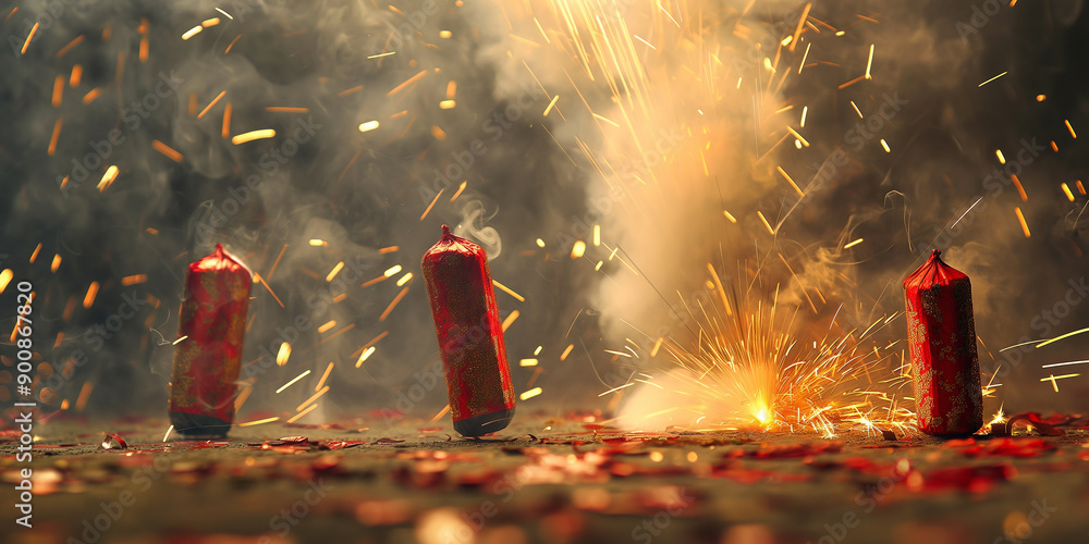 Poster firecracker exploding with blinding sparks and smoke on diwali festival