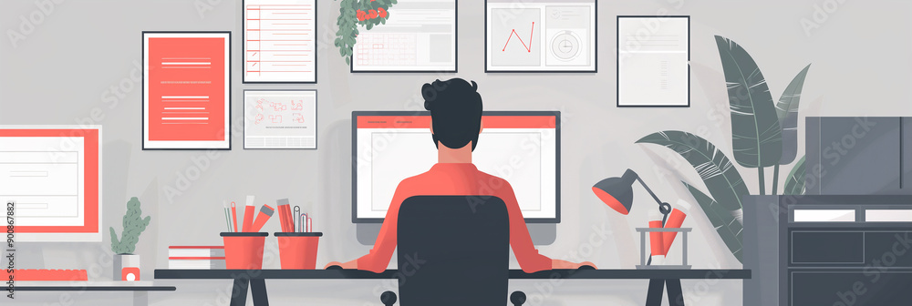 Aufkleber Man working from home office using computer with big monitor