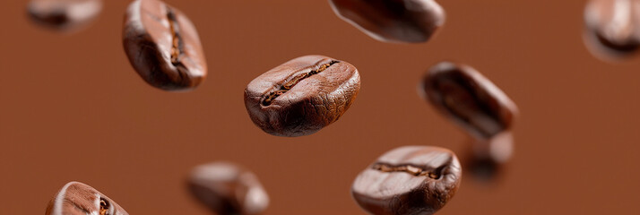 Roasted coffee beans floating on a brown background