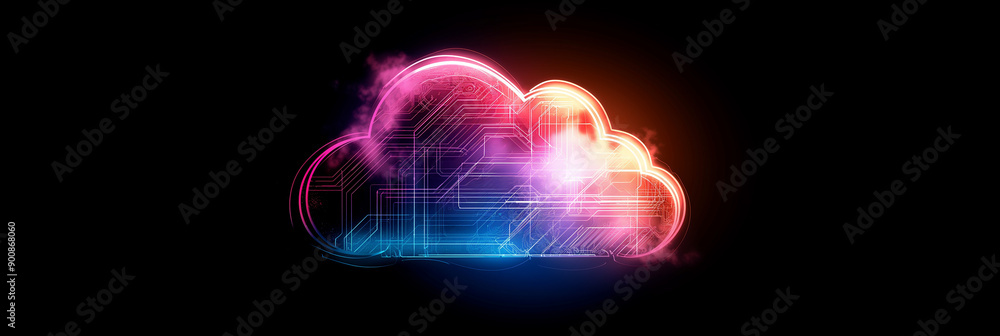 Poster Cloud computing technology with glowing cloud symbol on dark background
