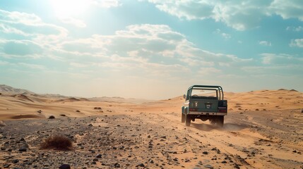 Vintage open top 4x4 SUV in the desert in Dubai, United Arab Emirates. 