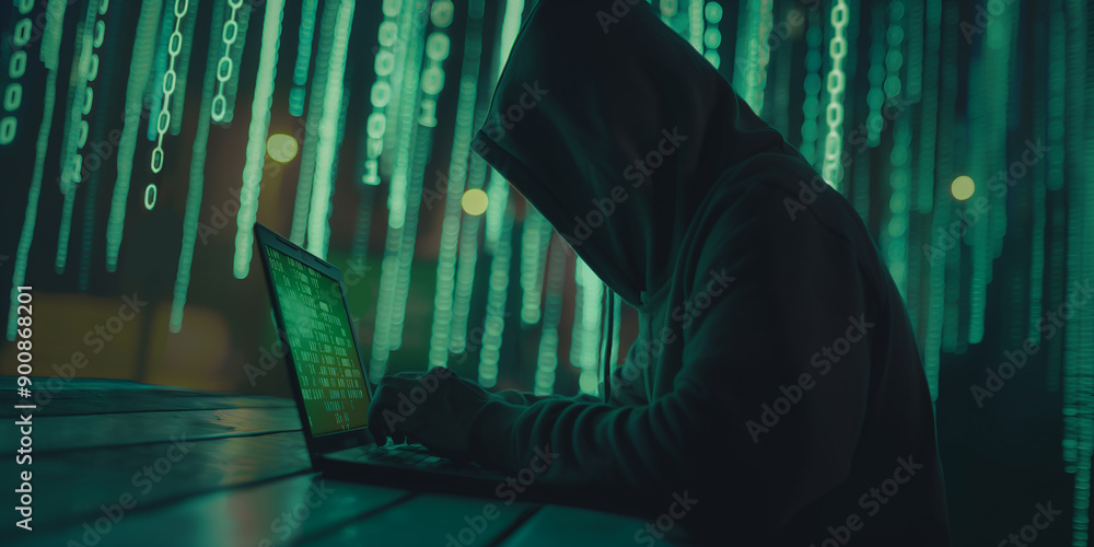 Poster Hacker using laptop with falling binary code in the background