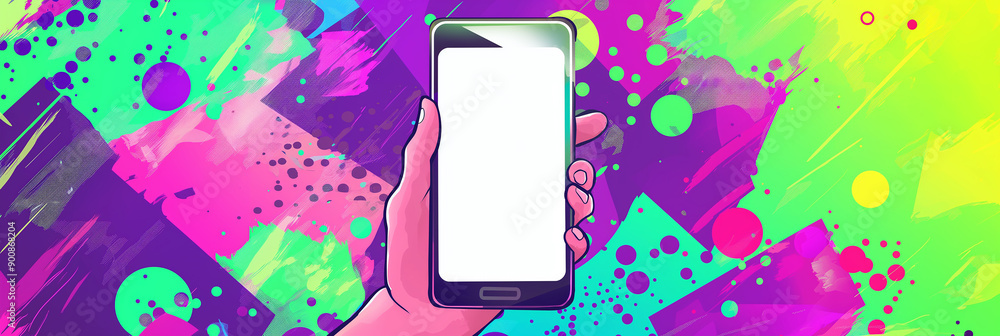 Poster hand holding smartphone on colorful abstract background with copy space