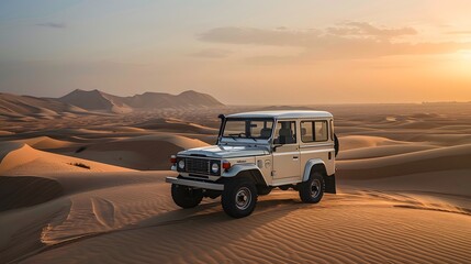Vintage open top 4x4 SUV in the desert in Dubai, United Arab Emirates. 