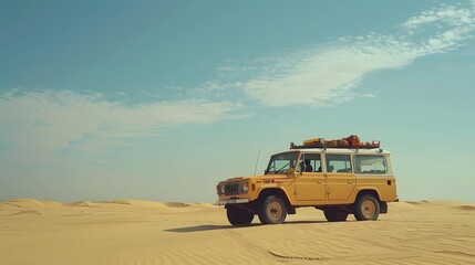 Vintage open top 4x4 SUV in the desert in Dubai, United Arab Emirates. 