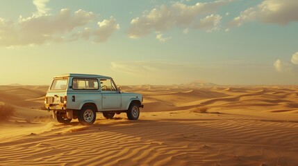 Vintage open top 4x4 SUV in the desert in Dubai, United Arab Emirates. 