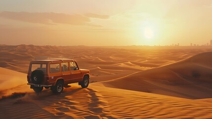 Vintage open top 4x4 SUV in the desert in Dubai, United Arab Emirates. 