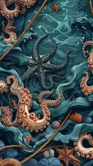 Obraz premium Marine motive with ropes and sea creatures 