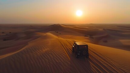Vintage open top 4x4 SUV in the desert in Dubai, United Arab Emirates. 