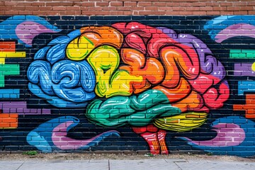 Colorful graffiti mural of a brain on a brick wall symbolizing creative expression and urban culture in a vibrant and dynamic street art style
