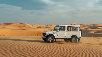 Vintage open top 4x4 SUV in the desert in Dubai, United Arab Emirates. 
