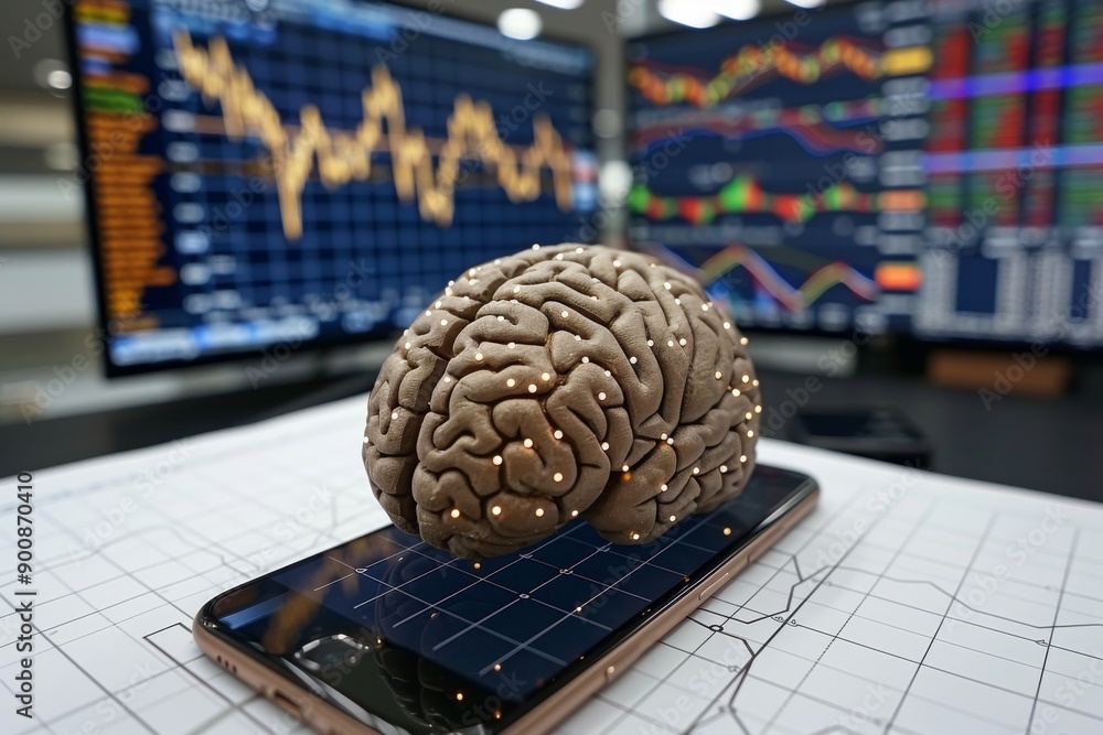 Poster brain resting on a smartphone with financial charts representing technology and financial analysis i
