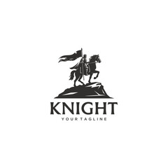 silhouette illustration logo of knight riding a horse carrying a flag on a rock in vintage style