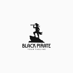 silhouette logo illustration of a pirate captain character standing on a cliff carrying binoculars looking at the open ocean