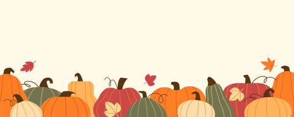 Autumn pumpkin background. Vector template for fall harvest pumpkin festival and events announcement, banner, invitation, flyer in flat style. Image is cropped with clipping mask.