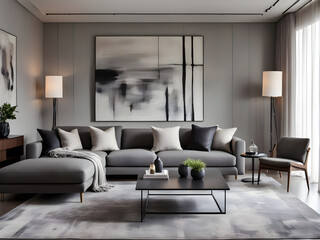 Fototapeta premium Stylish interior of living room with grey sofa and chest of drawers