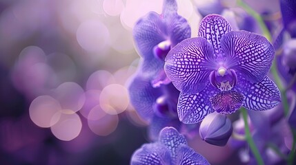 Close up of a purple Vanda orchid flower on panoramic background. 