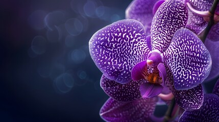 Close up of a purple Vanda orchid flower on panoramic background. 