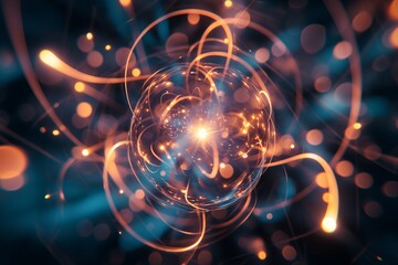 A luminous energy particle emits a radiant glow surrounded by swirling orange lines, representing power and creation.