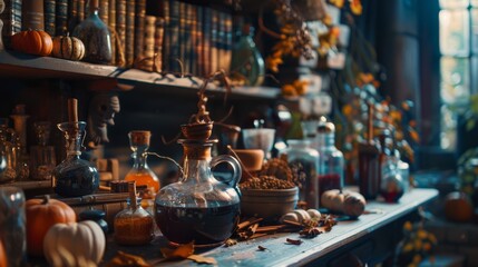 Magical potion shop. Witch's workplace background