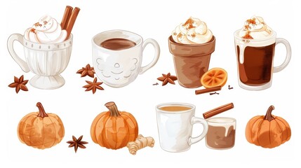Pumpkin spice latte ingredients. Flat lay style background
