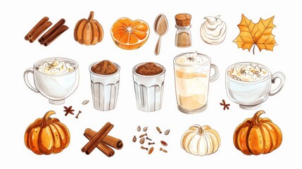 Pumpkin spice latte ingredients. Flat lay style background