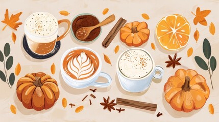 Pumpkin spice latte ingredients. Flat lay style background