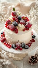 Photo festive white cake decorated with berries on a light background sweets concep