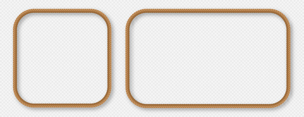 Rope frames, realistic jute cord borders, hemp twisted rope in square and rectangle shapes. Vector illustration.