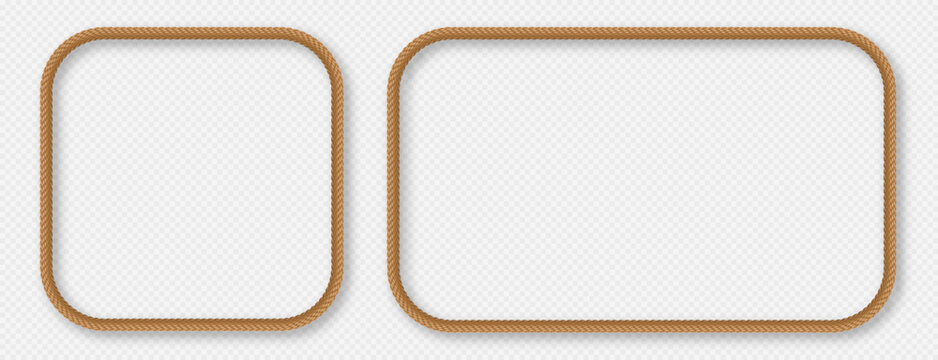 Rope frames, realistic jute cord borders, hemp twisted rope in square and rectangle shapes. Vector illustration.