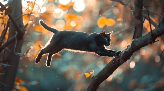 A sleek black cat leaping from one branch to another in a forest. Concept of agility, nature, wildlife, and feline behavior