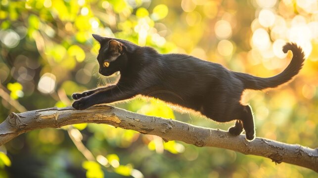 Graceful black cat stretching on a tree branch in a sunlit forest background. Concept of cat agility, nature, relaxation, feline gracefulness
