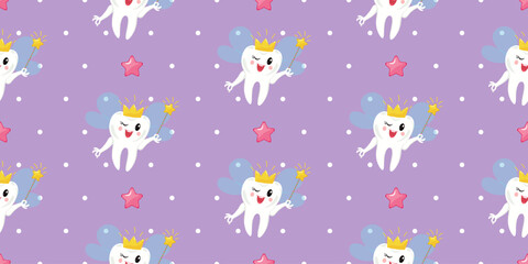 Seamless pattern featuring a cute tooth fairy with a sparkling tiara and a magic wand surrounded by pink stars on a purple polka dot background. Suitable for wallpaper, bedding, wrapping paper.