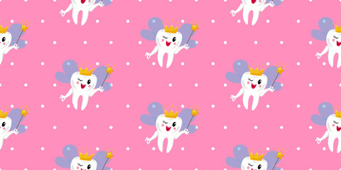 Seamless pattern featuring a cute tooth fairy with a crown and magic wand on a pink background with white polka dots. For textiles, children's room wall decor, wallpaper.