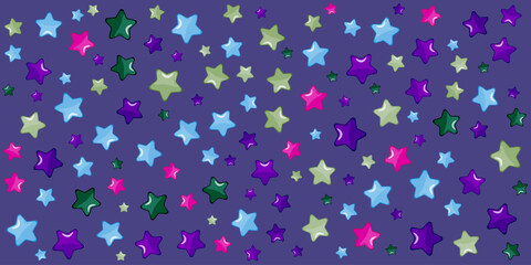 Pattern of colorful stars in various sizes on a purple background. Background for wallpaper and wall decor in a children's room.