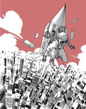 Fototapeta Boy Flying Over The City