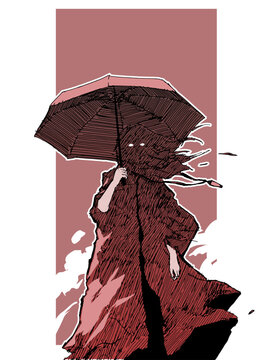 Fototapeta A woman in a coat stands holding an umbrella.