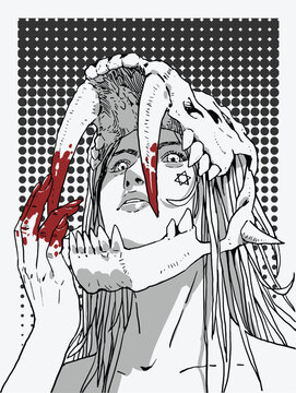 Fototapeta Woman Wearing Wild Animal Skull Helmet